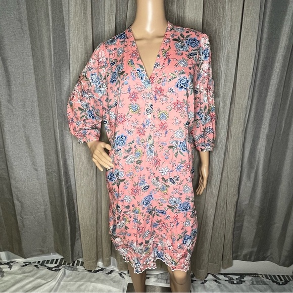 LOFT Pink Floral Swing Dress 3/4 Sleeve Lined Embroidered Scalloped Hem Size 16P - Picture 1 of 12